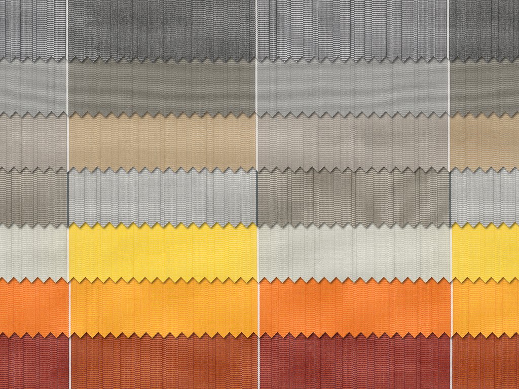 Stofstalen in diverse kleuren met golvende patronen en een zigzagrand, van grijs naar warm oranje. Stofstalen in diverse kleuren met golvende patronen en een zigzagrand, van grijs naar warm oranje.