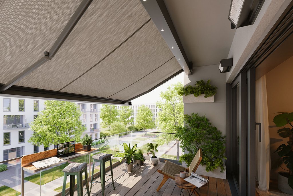 Terrassensituatie met een grote zonnescherm en moderne meubels, omgeven door groen en natuurlijk licht. Terrassensituatie met een grote zonnescherm en moderne meubels, omgeven door groen en natuurlijk licht.