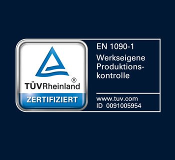 Logo van TÜV Rheinland met tekst over kwaliteitscontrole en certificering. Dominante kleur: donkerblauw.