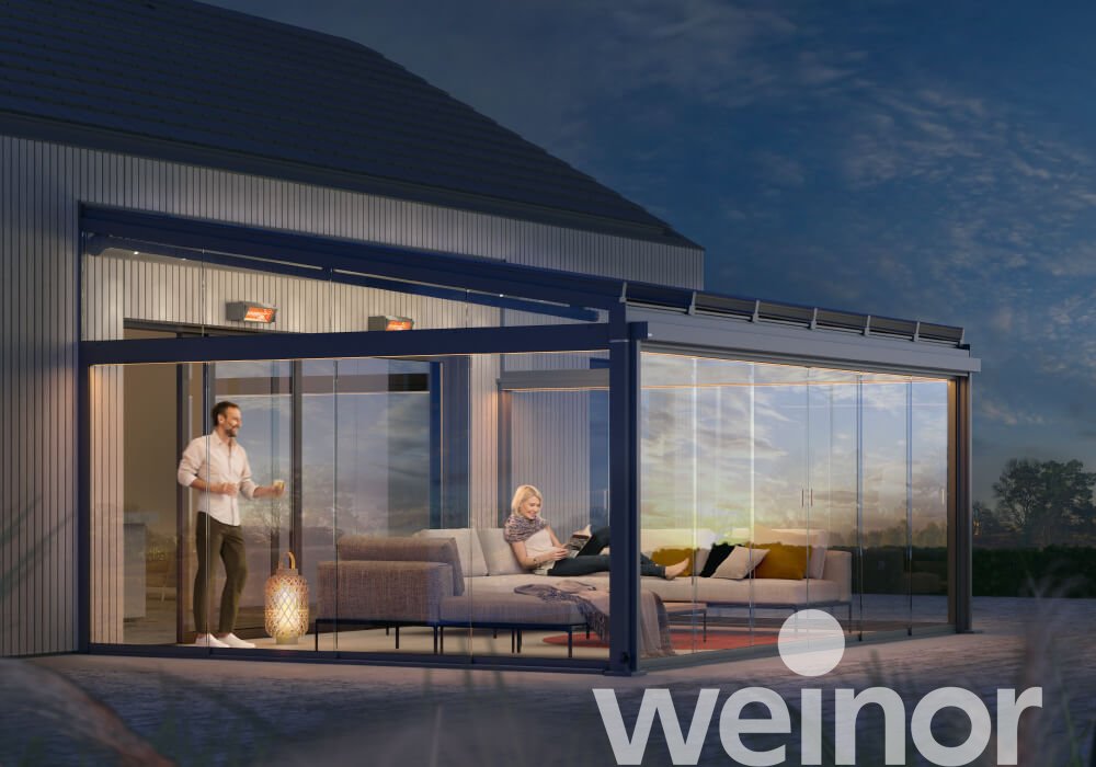 Terrasoverkapping van glas weinor Terrazza Sempra met kleurenledbanden, Glasoase®