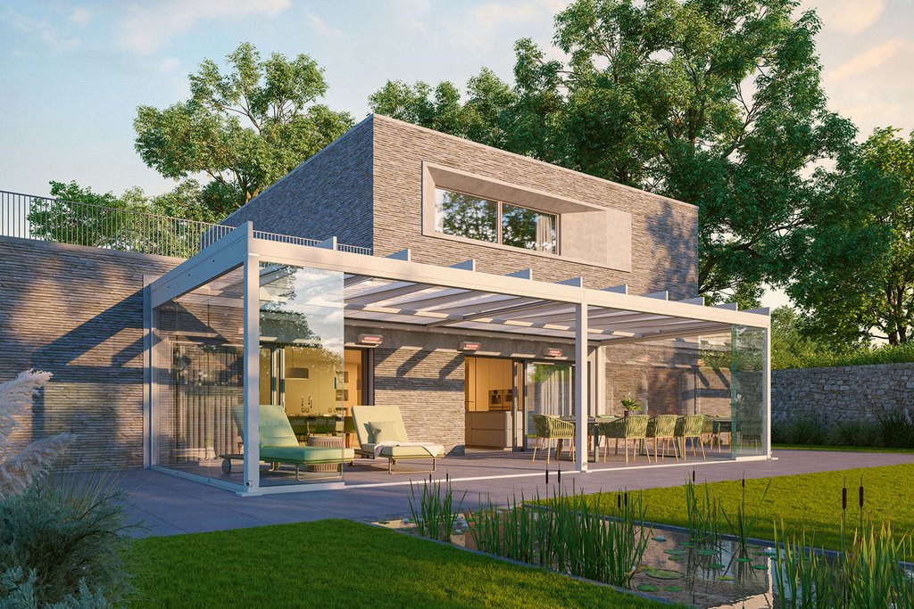 Moderne woning met glazen overkapping en groene tuin in een zonnige omgeving.