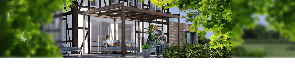 Een moderne terrassituatie met een houten overkapping en groen in de omgeving. Een moderne terrassituatie met een houten overkapping en groen in de omgeving.