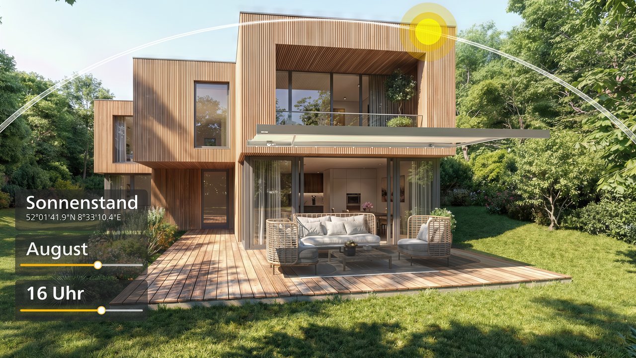 Moderne woning met houten gevelbekleding, terras, meubels en zonnescherm. Groene omgeving met bomen.