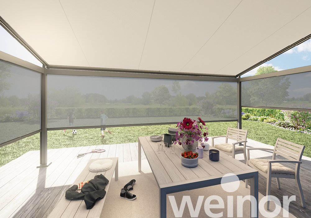 textiele pergola-zonwering weinor Plaza Viva met VertiTex II
