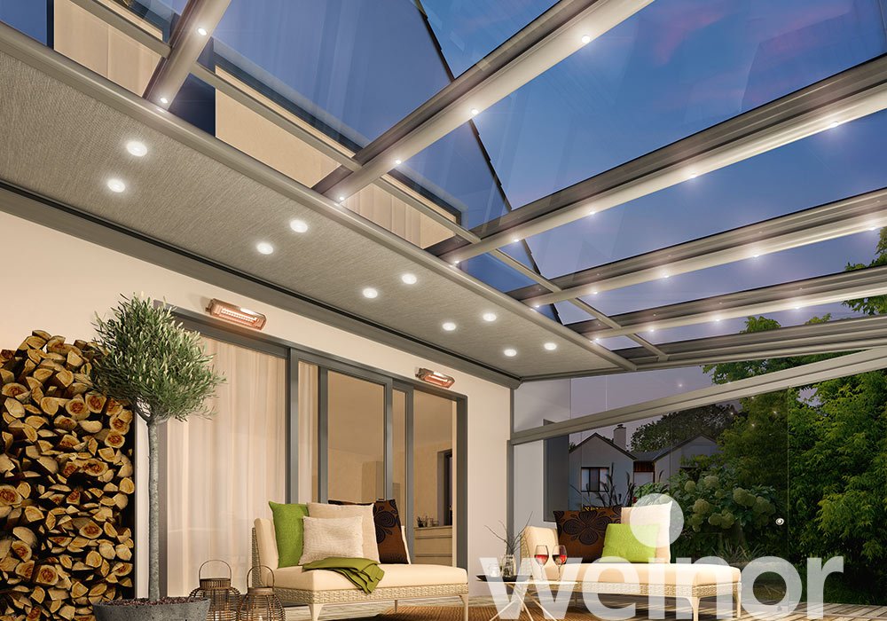 Terrasoverkapping van glas weinor Terrazza Originale met ledverlichting, met Sottezza, met glazen wanden