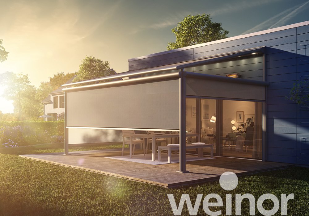 textiele pergola-zonwering weinor Plaza Viva met VertiTex II
