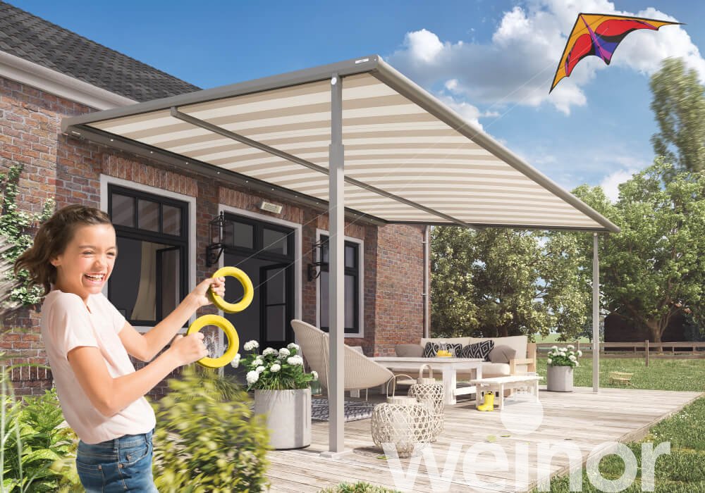 textiele pergola-zonwering weinor Plaza Viva met ledverlichting