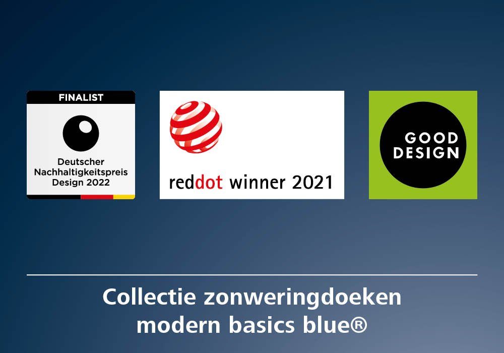 Drie logo's met tekst over zonweringdoeken en designprijzen op een donkere achtergrond.