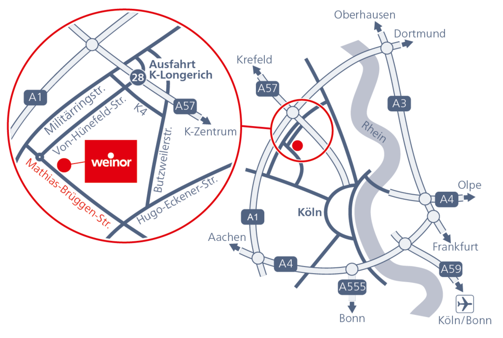 Kaart van de regio rond Köln met een grotere vermelding van een locatie. Dominante kleuren: donkerblauw en rood. Kaart van de regio rond Köln met een grotere vermelding van een locatie. Dominante kleuren: donkerblauw en rood.
