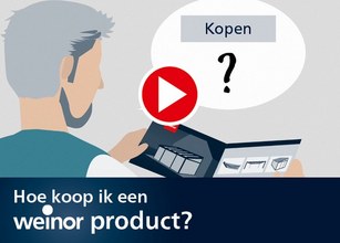 Illustratie van een man die een boekje bekijkt met de tekst "Hoe koop ik een weinor product?" en een afspeelknop. 