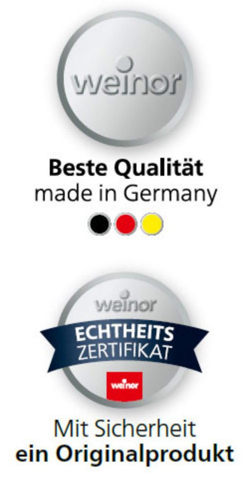 Zwei runde Embleme mit Schriftzügen über Qualität und Echtheit in Silber und Blau.