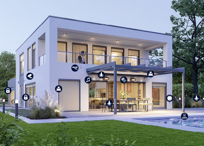 Moderne witte villa met overkapping, tuin en zwembad, omlijst door groen. Moderne witte villa met overkapping, tuin en zwembad, omlijst door groen.