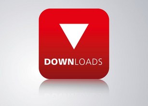 Rood vierkant met naar beneden wijzende witte pijl en het woord "DOWNLOADS" eronder. 