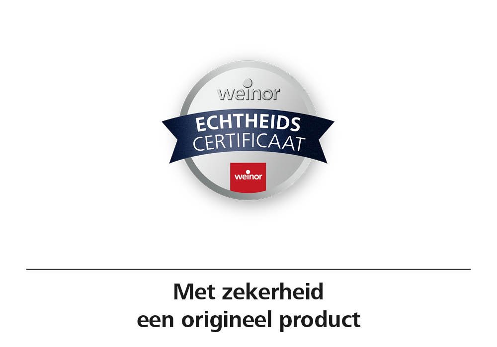 Rond, met een zilveren kleur en witte tekst.